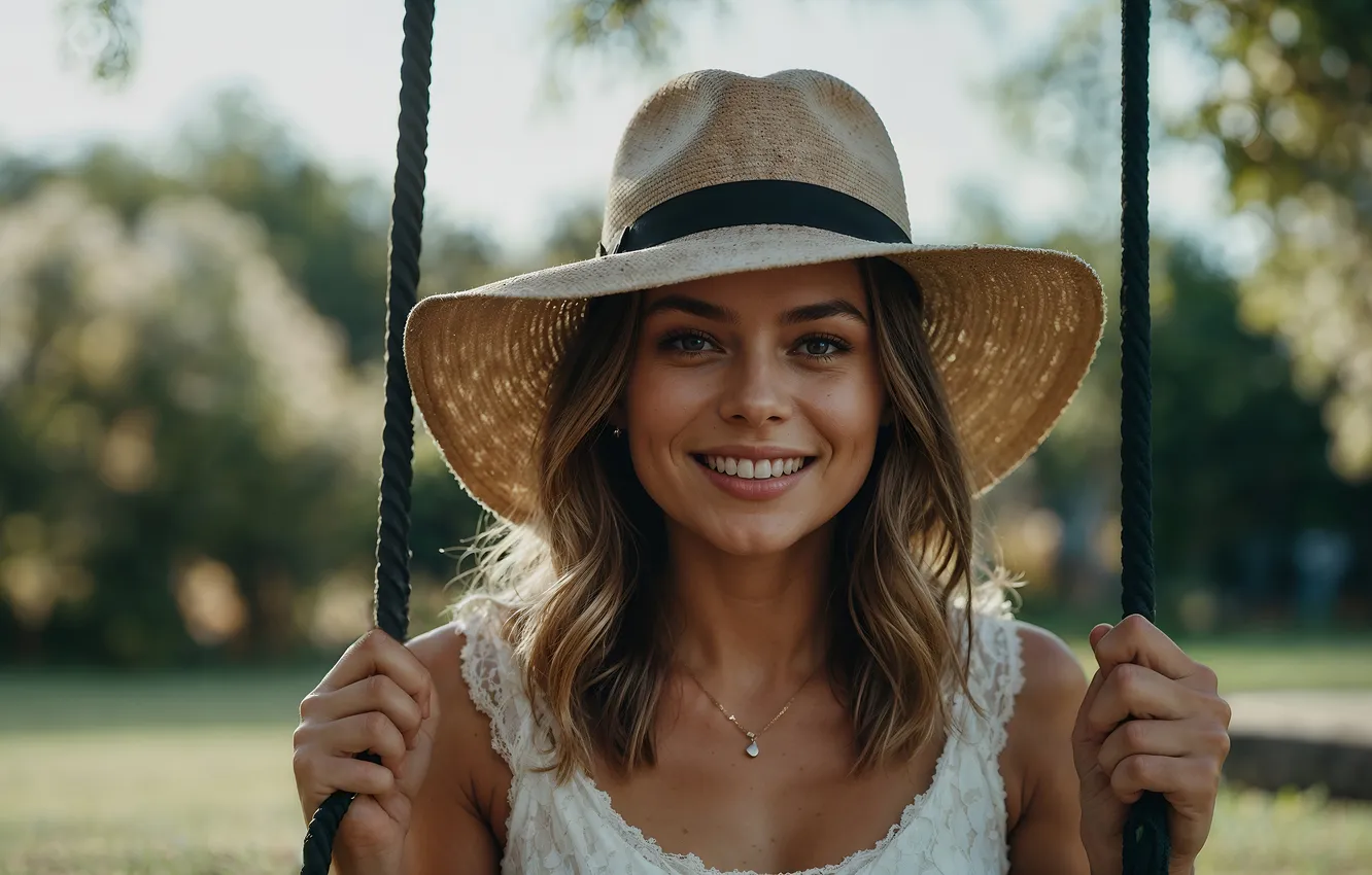 Photo wallpaper girl, swing, hat, AI art, neural network
