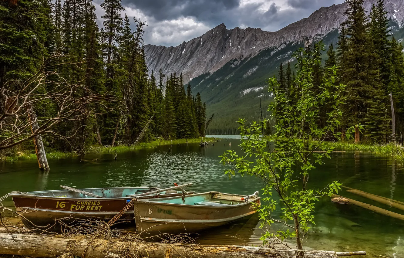 Photo wallpaper landscape, mountains, clouds, nature, lake, boats, Canada, Jasper
