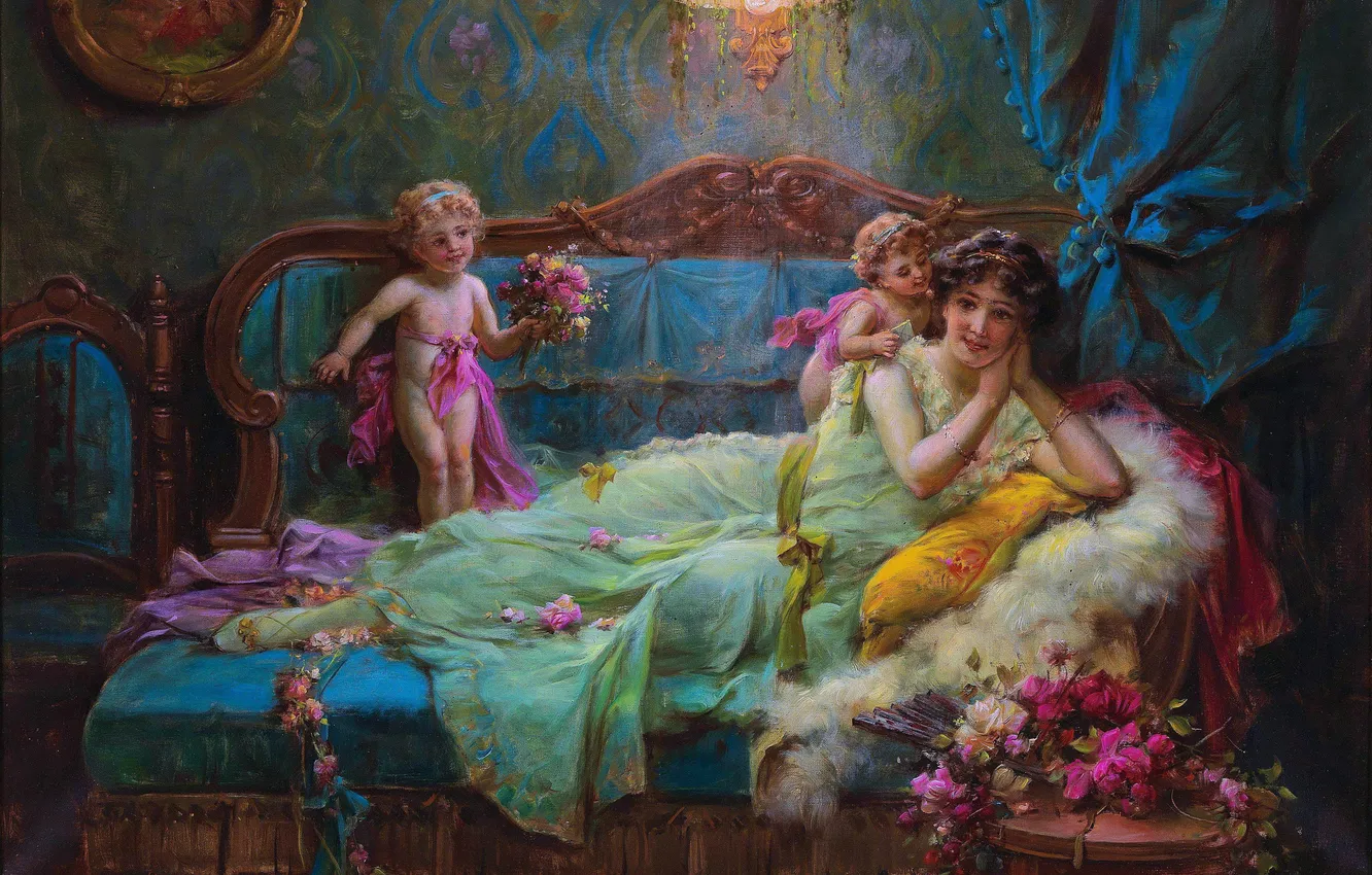 Photo wallpaper girl, flowers, children, sofa, picture, Hans Zatzka, Austrian artist, Hans Zacka