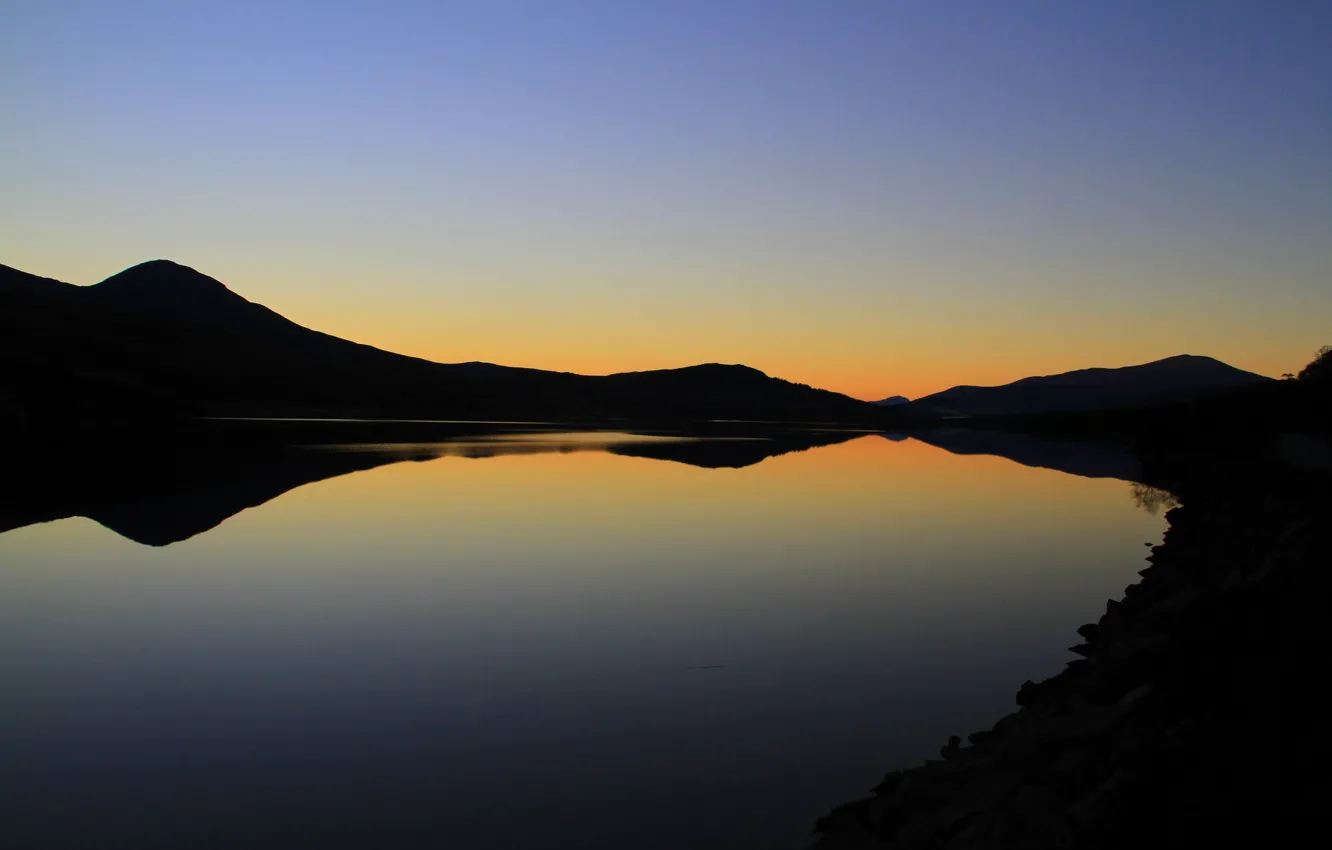 Photo wallpaper twilight, lake, hills, dusk, silhouettes