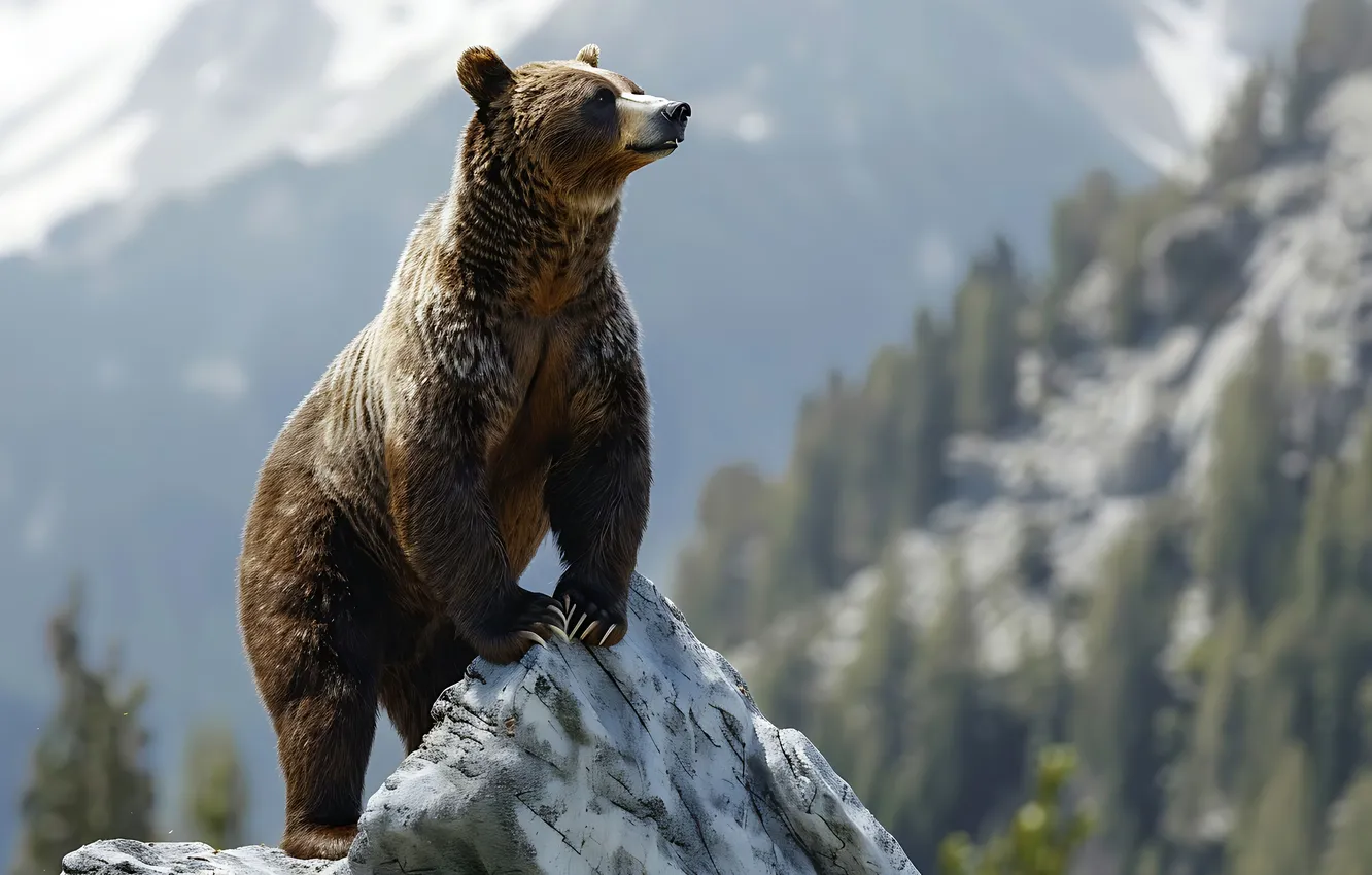 Photo wallpaper mountains, predator, bear, brown bear, digital art, AI art, The Art of Artificial Intelligence, neural …