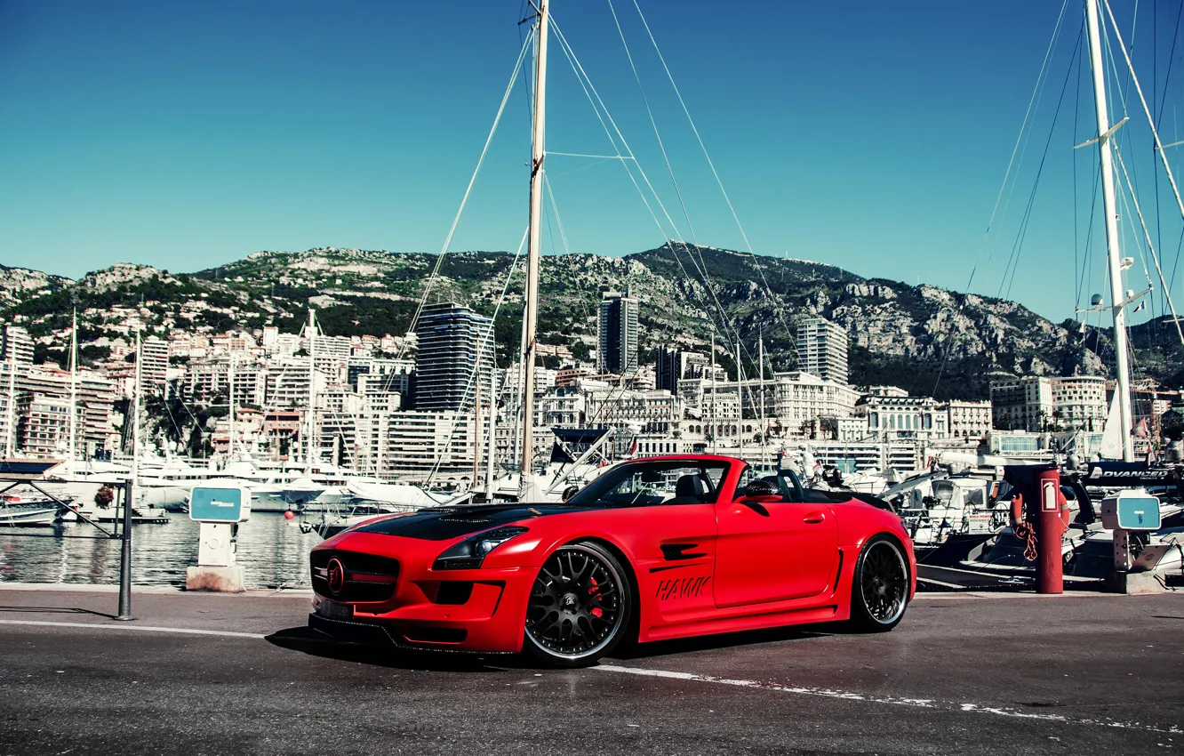 Photo wallpaper mountains, tuning, island, building, yachts, Mercedes, red, tuning