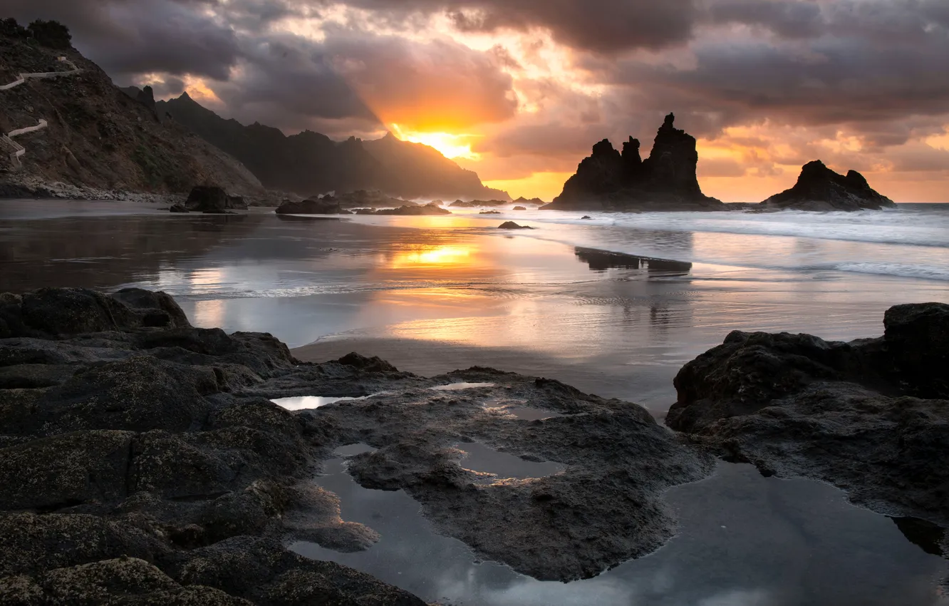 Photo wallpaper sea, sunset, rocks, coast