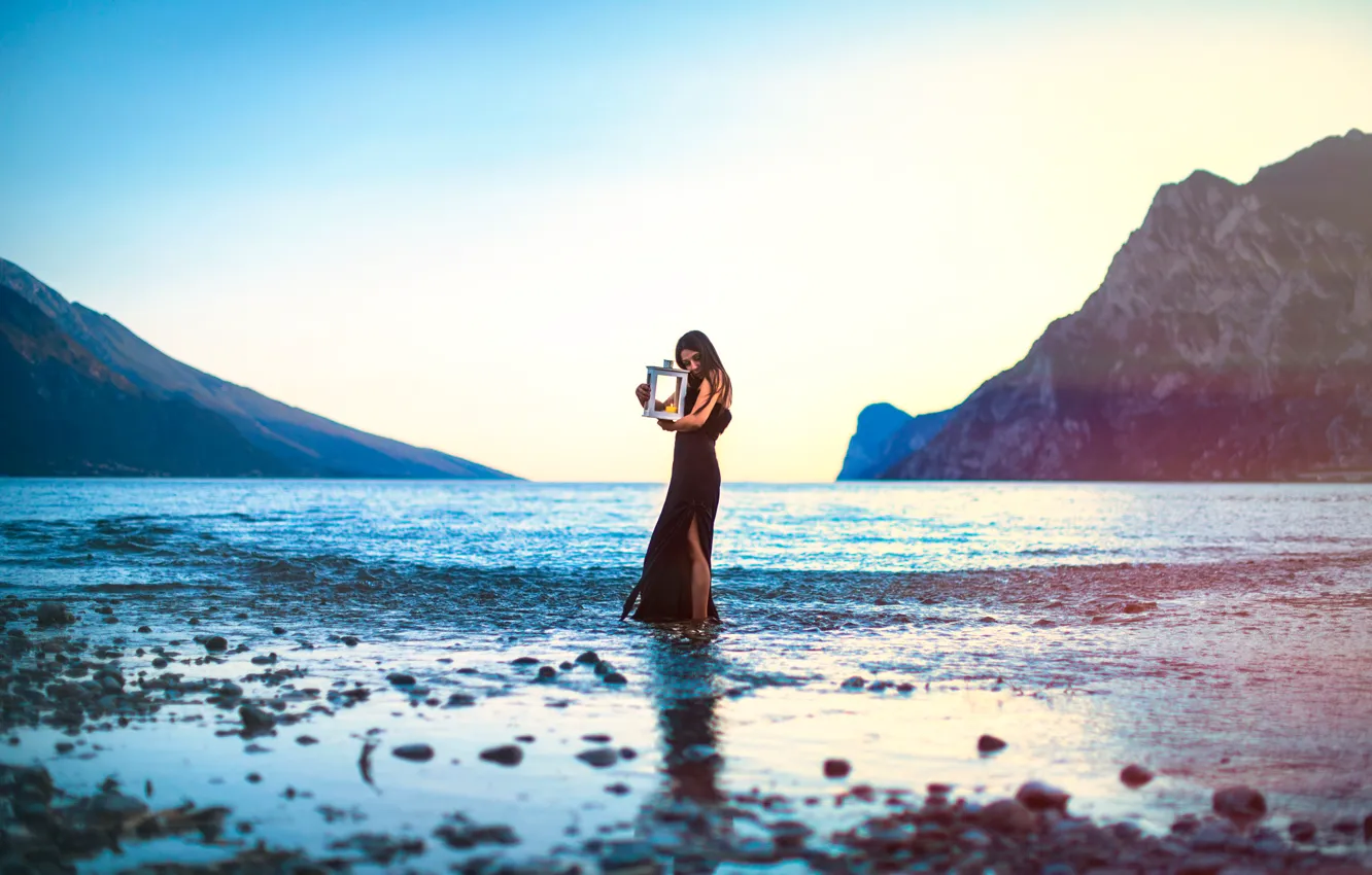 Photo wallpaper girl, mountains, lake, rocks, candle