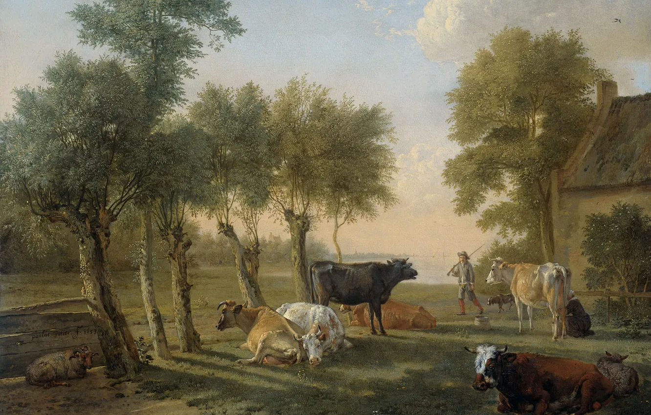 Photo wallpaper animal, oil, picture, canvas, Paulus Potter, Cows on Pasture near the Farm
