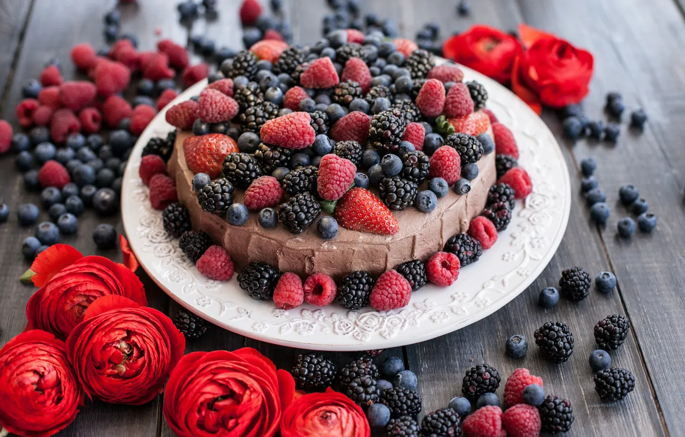 Photo wallpaper flowers, berries, raspberry, the sweetness, blueberries, pie, cake, cream