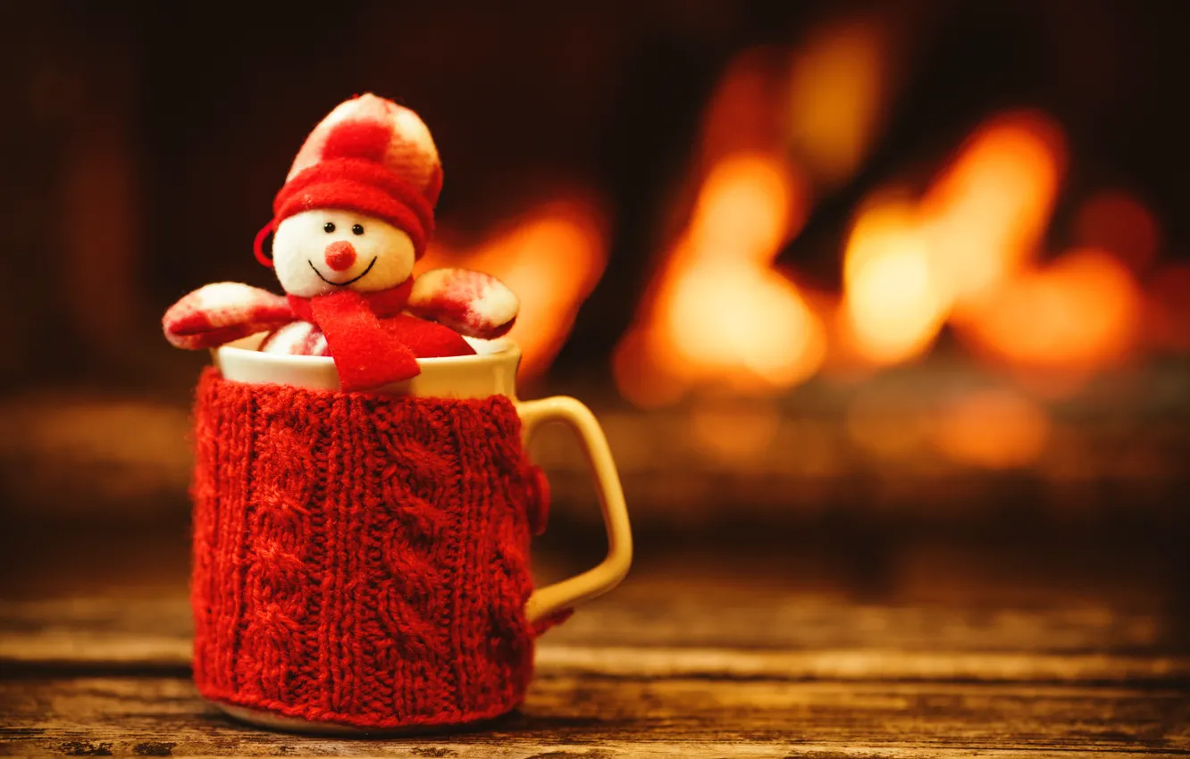 Photo wallpaper New Year, Christmas, Cup, snowman, fireplace, Christmas, cup, Merry Christmas