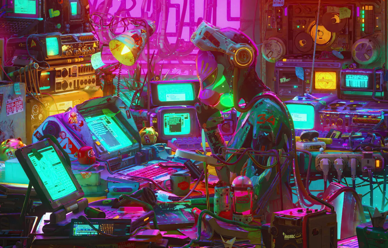 Photo wallpaper computer, bright colors, technique, mask, monitor, display, equipment, equipment