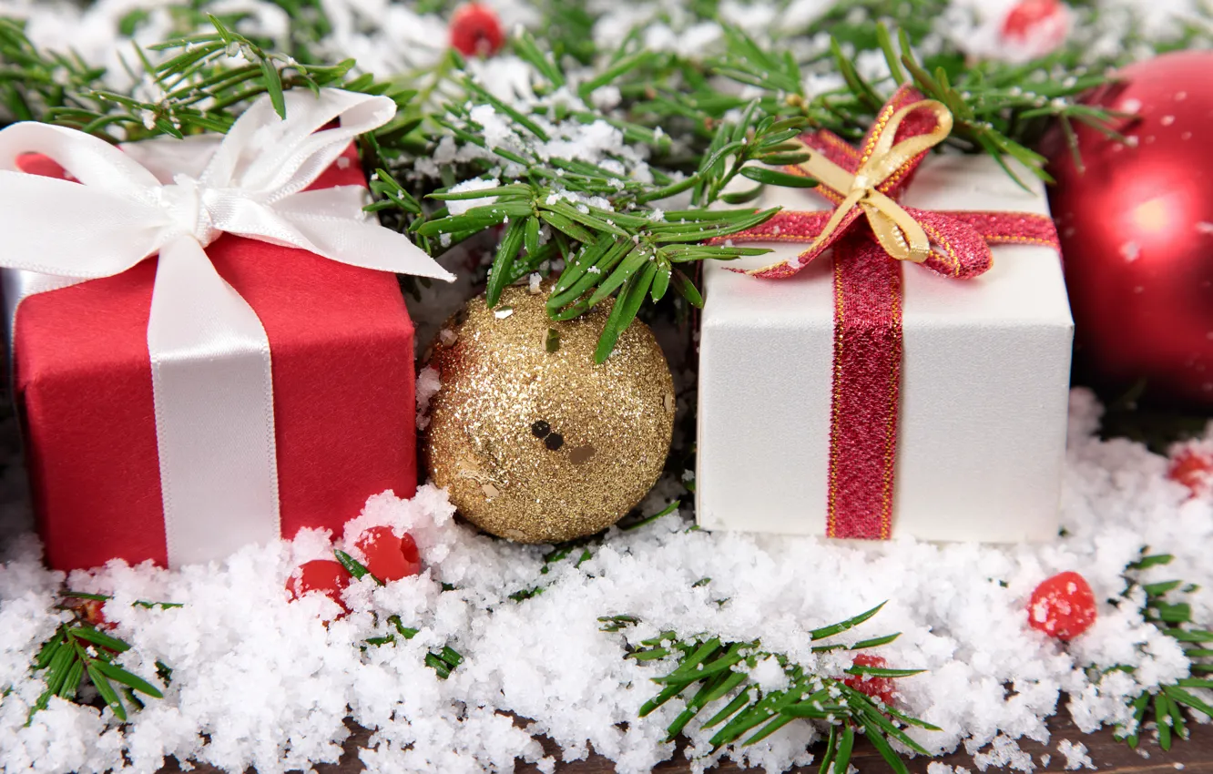 Photo wallpaper snow, balls, New Year, Christmas, gifts, merry christmas, decoration, xmas
