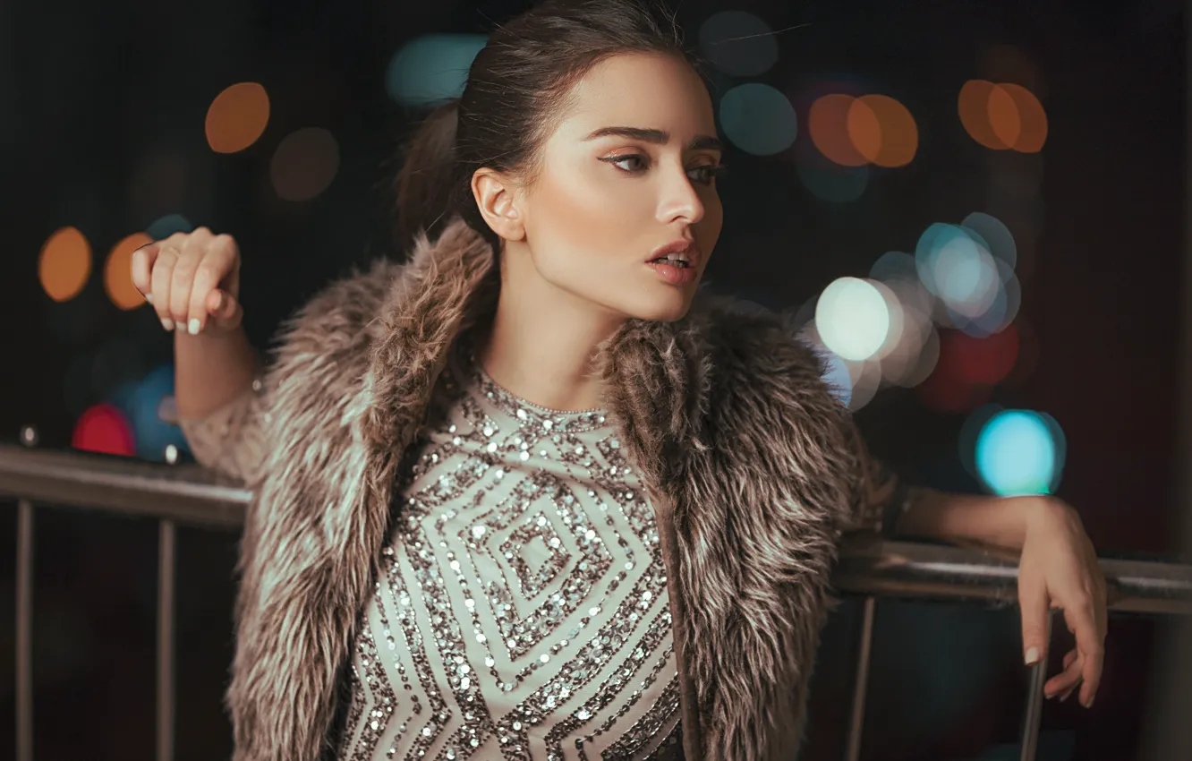 Photo wallpaper girl, pose, makeup, dress, brunette, handrails, bokeh, vest