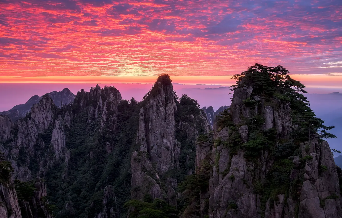 Photo wallpaper clouds, mountains, rocks, China, glow, Anhui