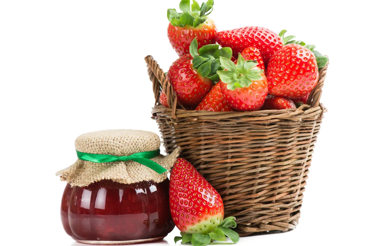 Photo wallpaper strawberry, leaf, Bank, basket, jam