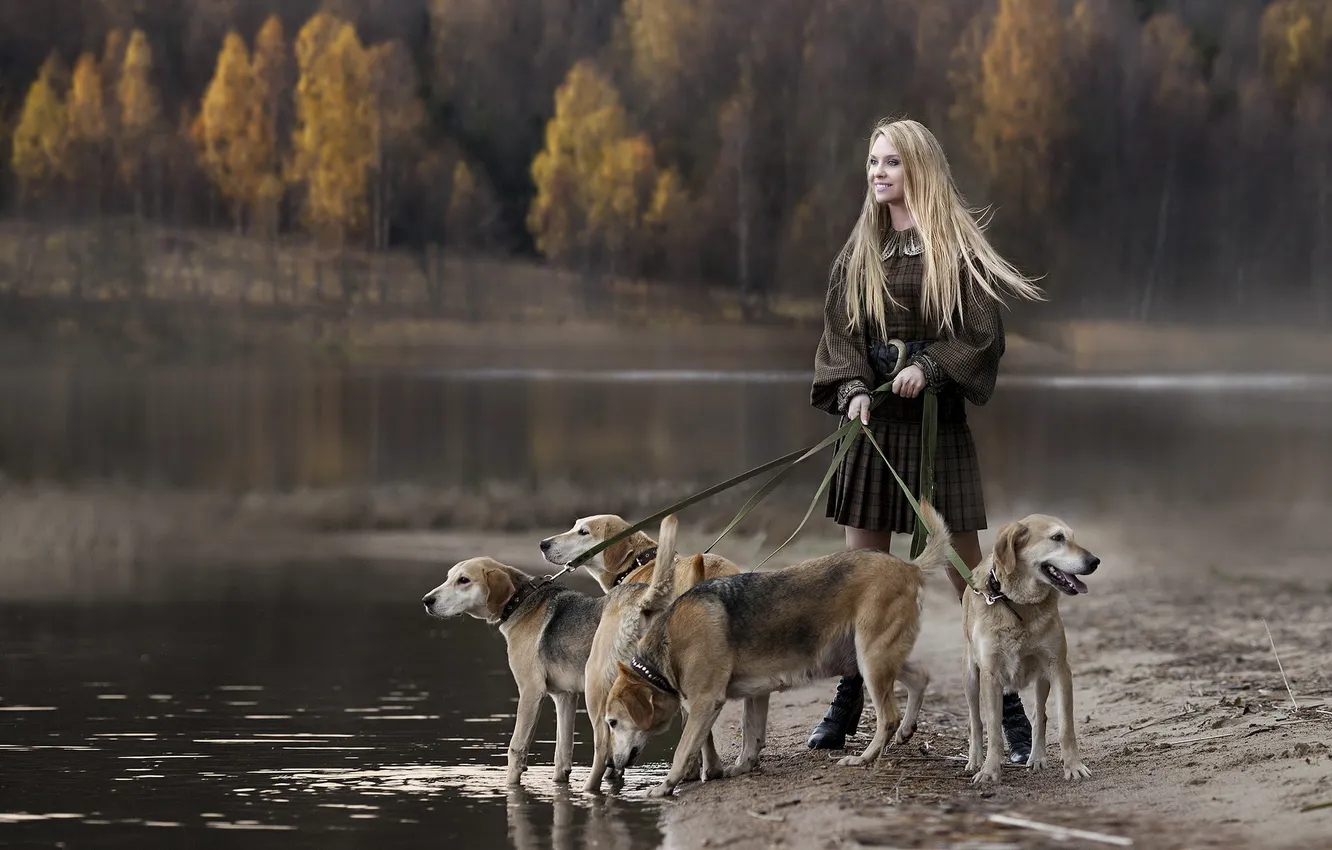 Photo wallpaper girl, fog, lake, mood, dog