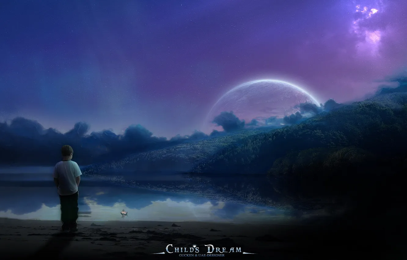 Photo wallpaper the sky, stars, night, lake, planet, boy