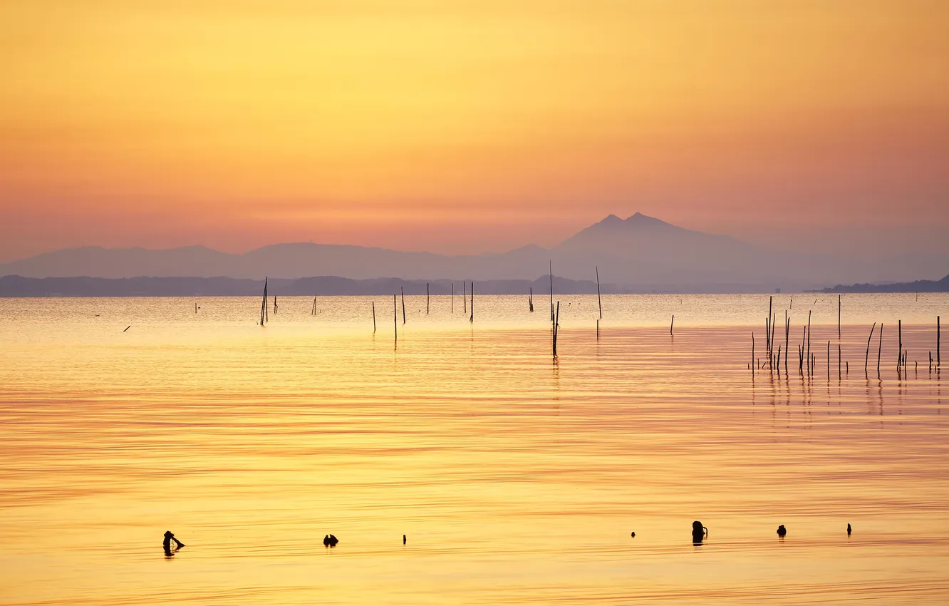 Photo wallpaper mountains, lake, reflection, twilight, orange sky, cloud m