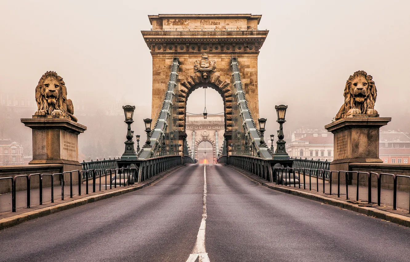 Photo wallpaper road, the city, fog, Leo, morning, sculpture, Hungary, Budapest