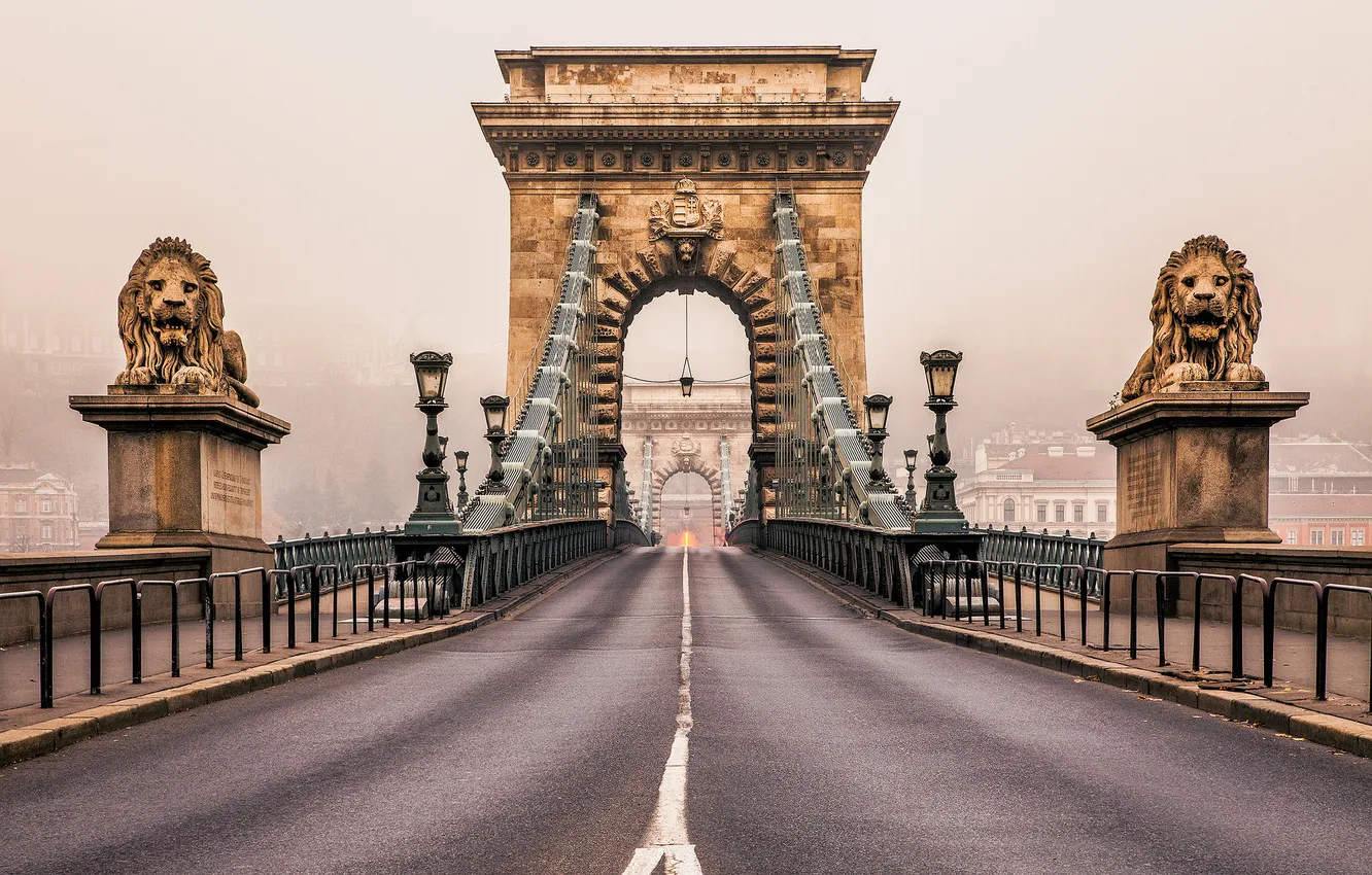 Photo wallpaper road, the city, fog, morning, lions, sculpture, Hungary, Budapest