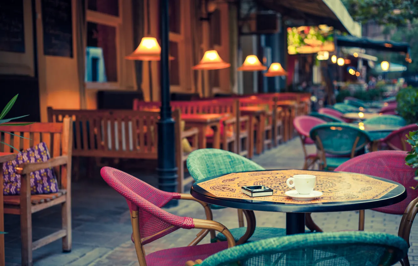 Photo wallpaper city, the city, street, chair, cafe, lamp, table, street