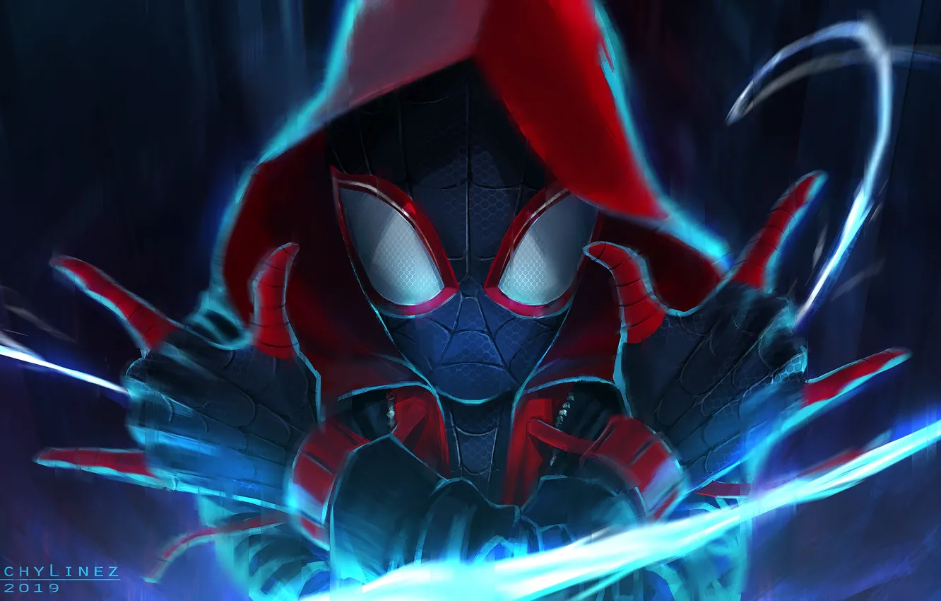 Photo wallpaper cartoon, art, costume, hood, poster, Spider-man: universes, Spider-Man: Into the Spider-Verse