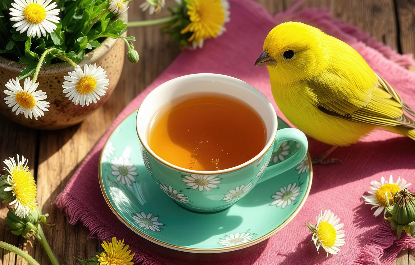 Photo wallpaper cup, tea, chamomile, canary