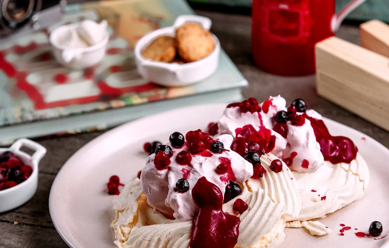 Photo wallpaper berries, coffee, mug, cake, cream, dessert, sauce, meringue