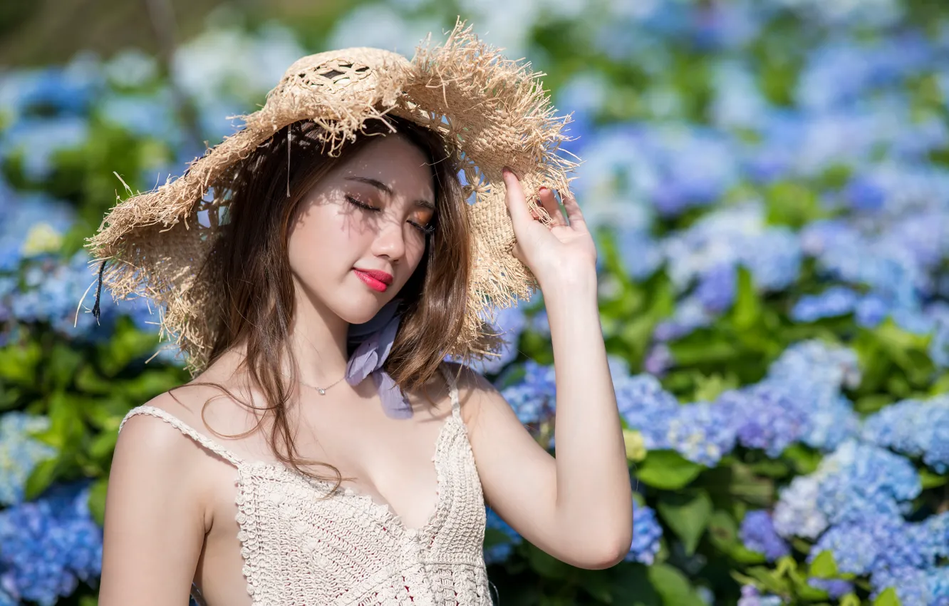 Photo wallpaper girl, sweetheart, hat, Asian