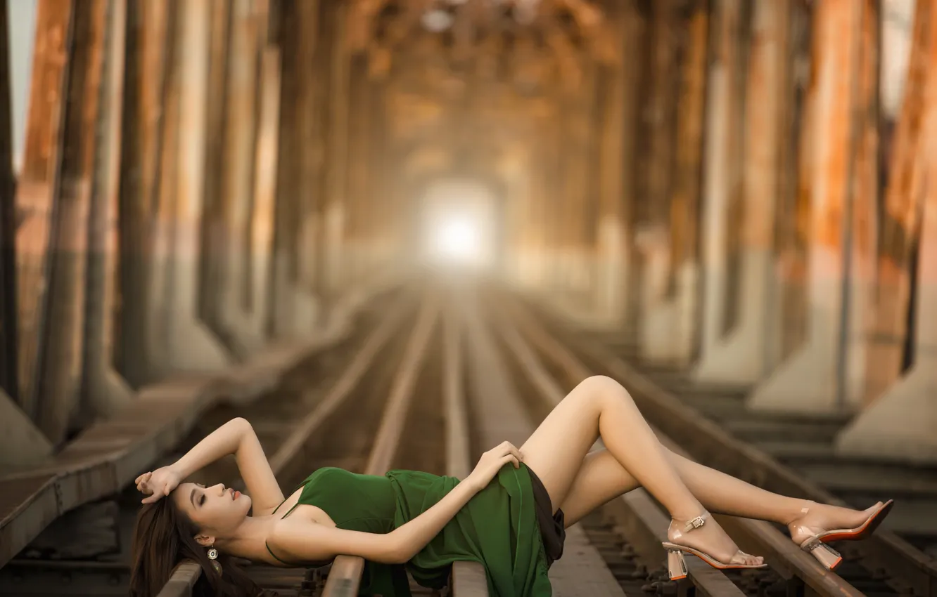 Photo wallpaper girl, pose, railroad