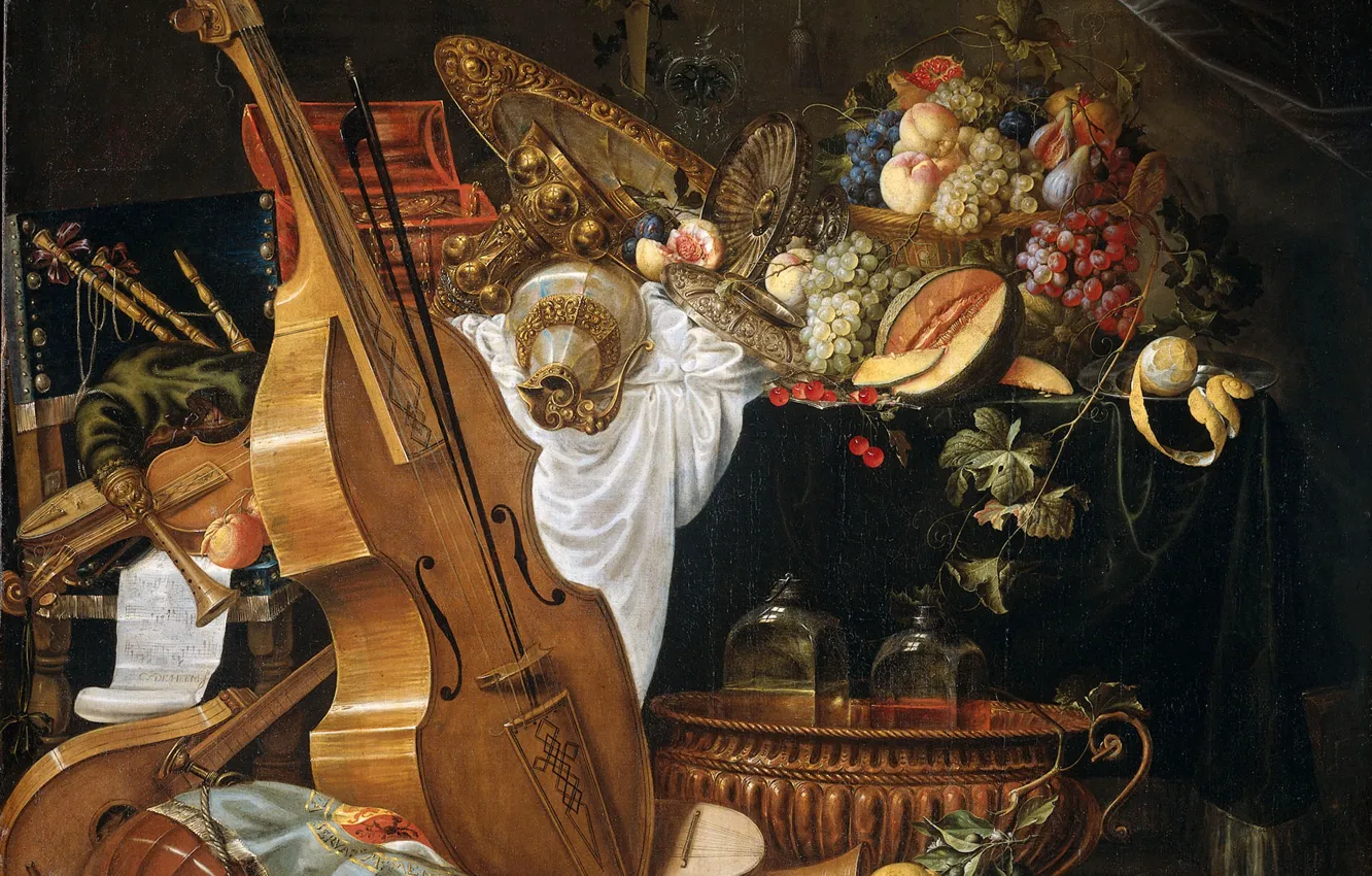 Photo wallpaper picture, fruit, Still life, musical instruments, Cornelis de hem