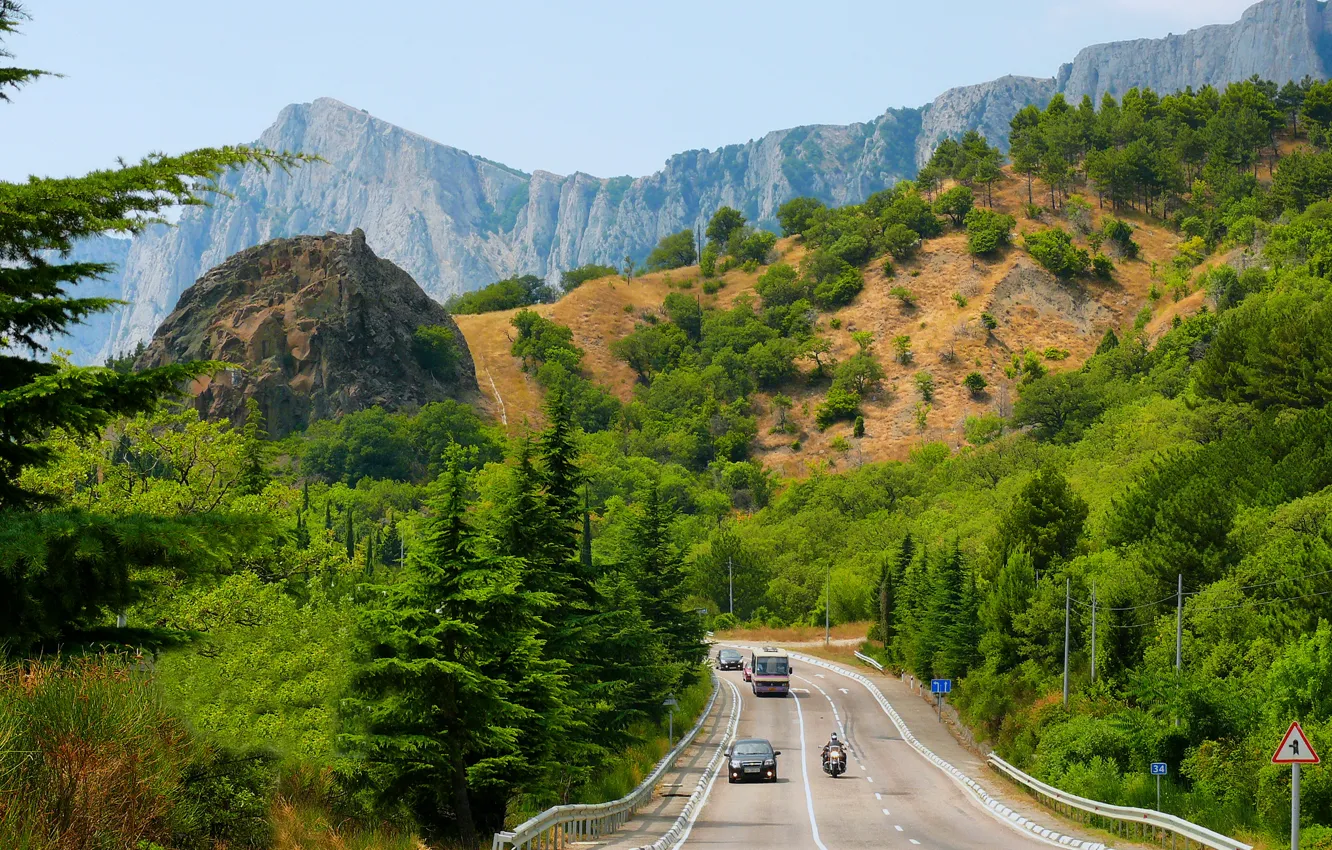 Photo wallpaper road, forest, trees, mountains, transport, highway, Crimea