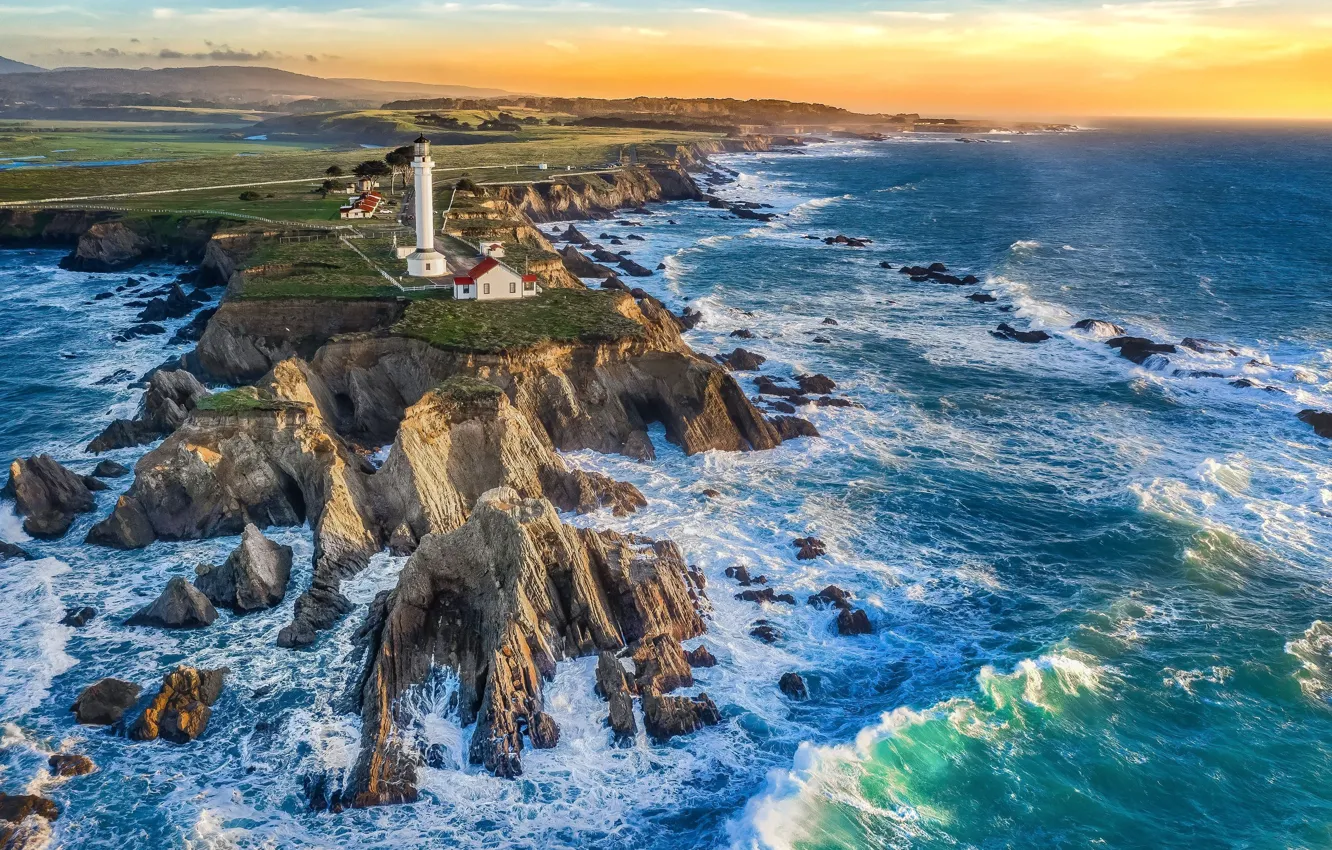 Photo wallpaper sea, wave, stones, the ocean, rocks, lighthouse, Cape