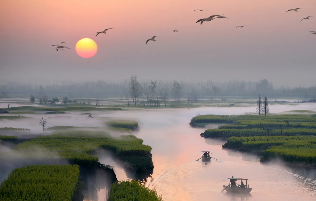 Photo wallpaper river, China, haze, spill, garden of a thousand Islands