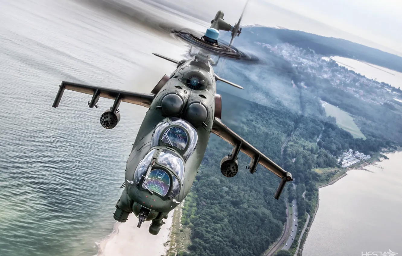 Photo wallpaper Sea, Braid, Mi-24, Attack helicopter, Cockpit, Polish air force, HESJA Air-Art Photography