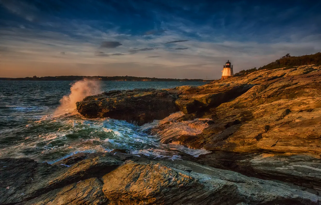 Photo wallpaper sea, wave, the sky, clouds, light, blue, stones, the ocean