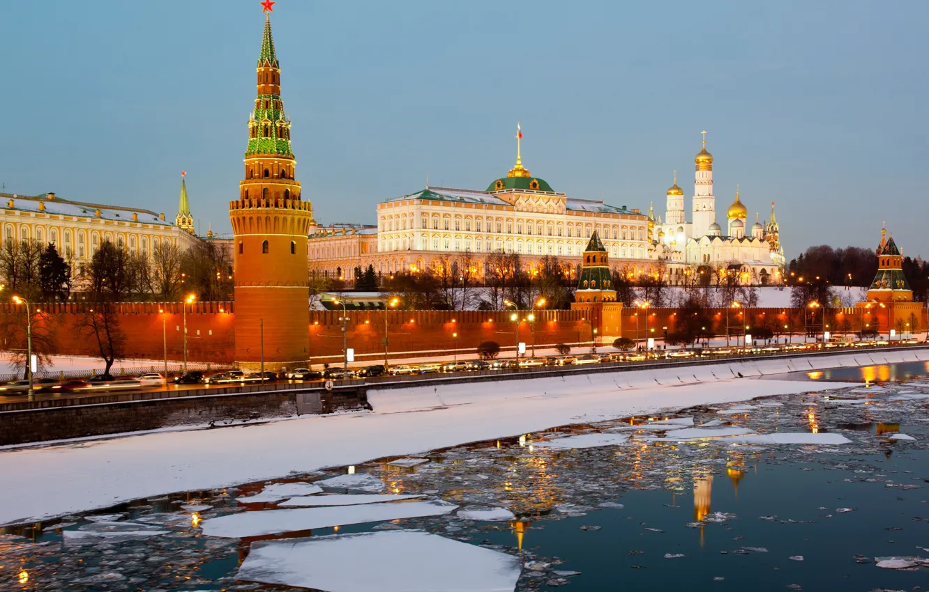 Photo wallpaper ice, winter, city, river, Moscow, The Kremlin, Russia, Russia