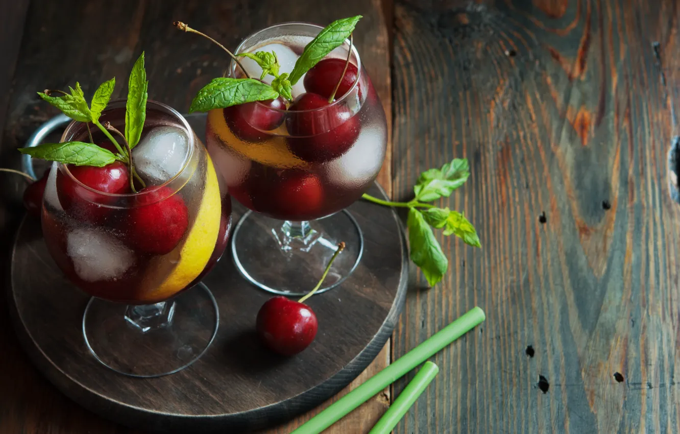 Photo wallpaper ice, lemon, glass, drink, cherry, lemonade