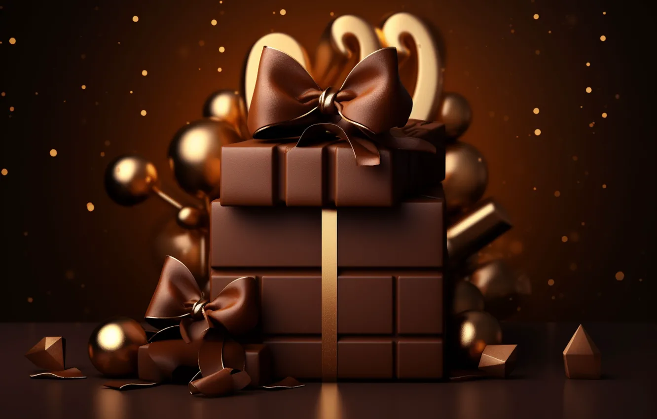 Photo wallpaper balls, the dark background, gift, new year, chocolate, Christmas, gold, gold plated
