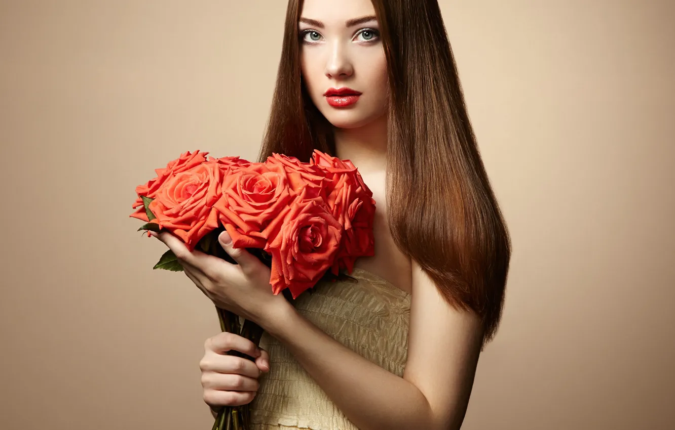 Photo wallpaper look, girl, flowers, pose, photo, model, hair, roses