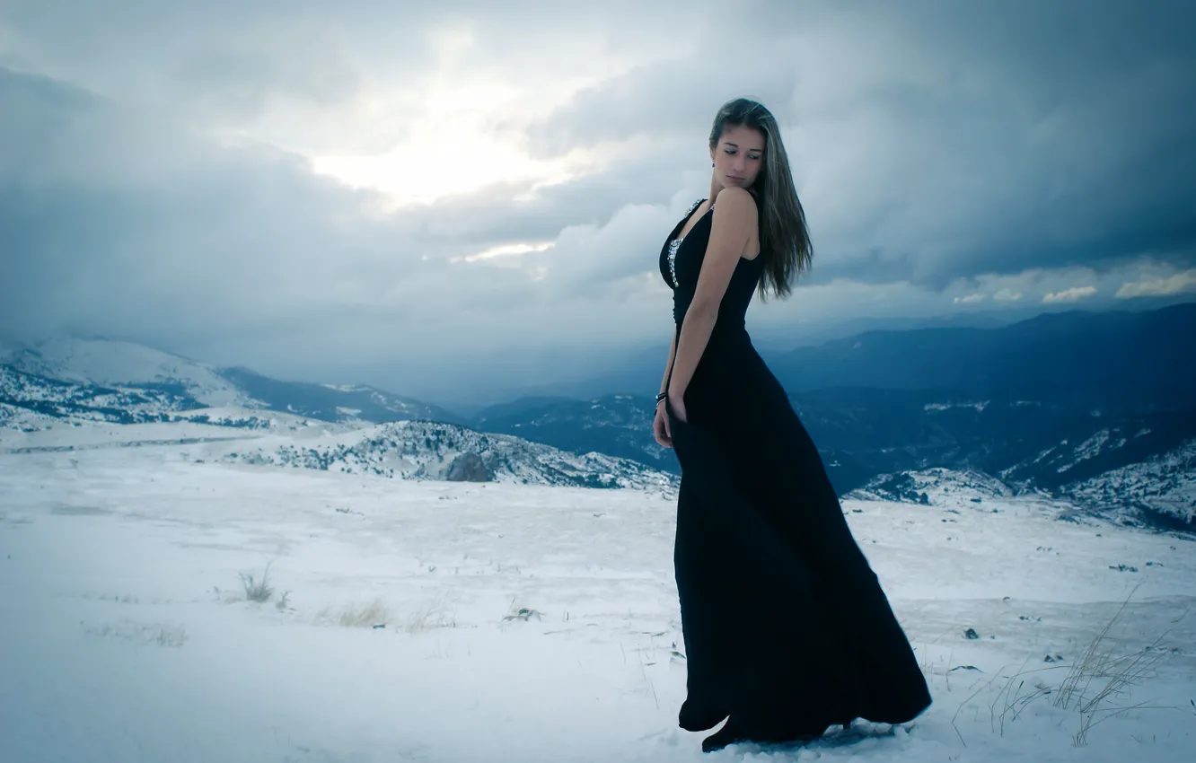 Photo wallpaper girl, snow, mountains, dress, One with the winter