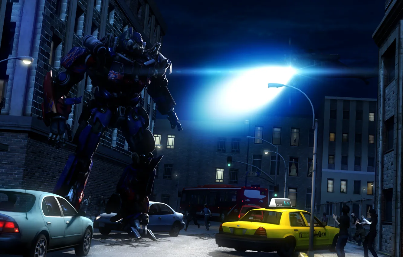 Photo wallpaper light, night, the city, street, robot, alien, helicopter, Transformers