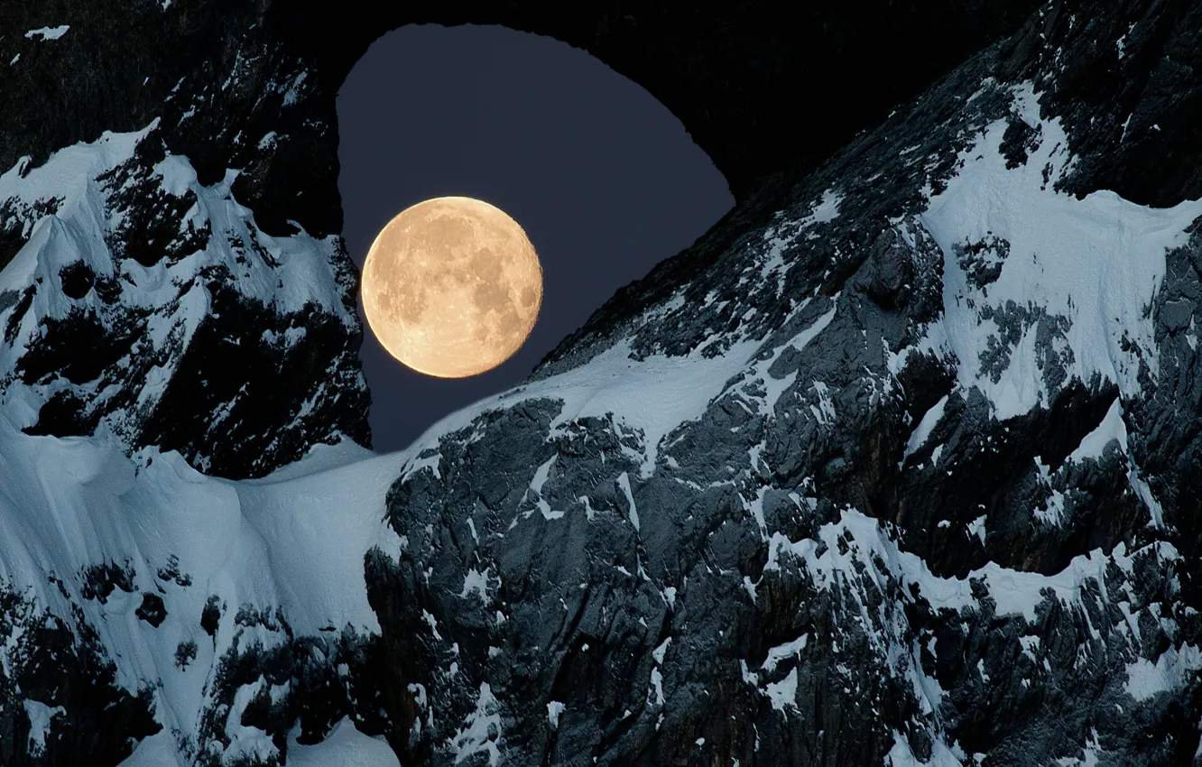 Photo wallpaper winter, snow, night, nature, rocks, the moon, the full moon