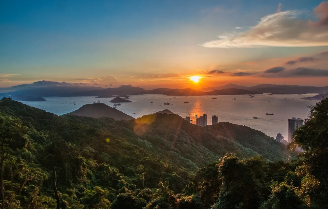 Photo wallpaper sunset, hills, Hong Kong, panorama, Hong Kong, Repulse Bay, Repulse Bay, Islands