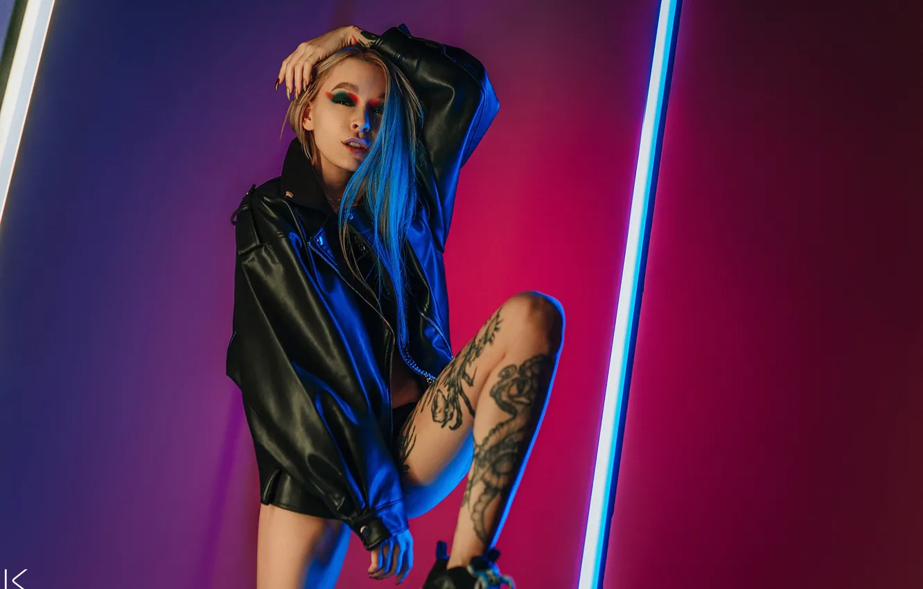 Photo wallpaper girl, pose, feet, makeup, tattoo, jacket, Sergey Freyer, Sergey Freyer