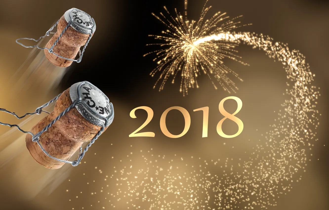 Photo wallpaper decoration, night, New Year, glasses, champagne, 2018, New Year, decoration