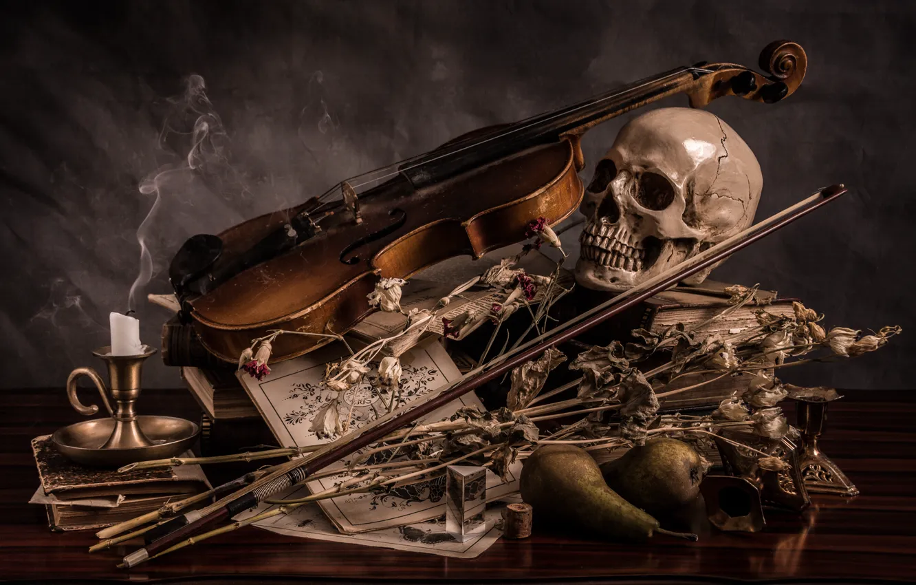 Photo wallpaper violin, skull, candle