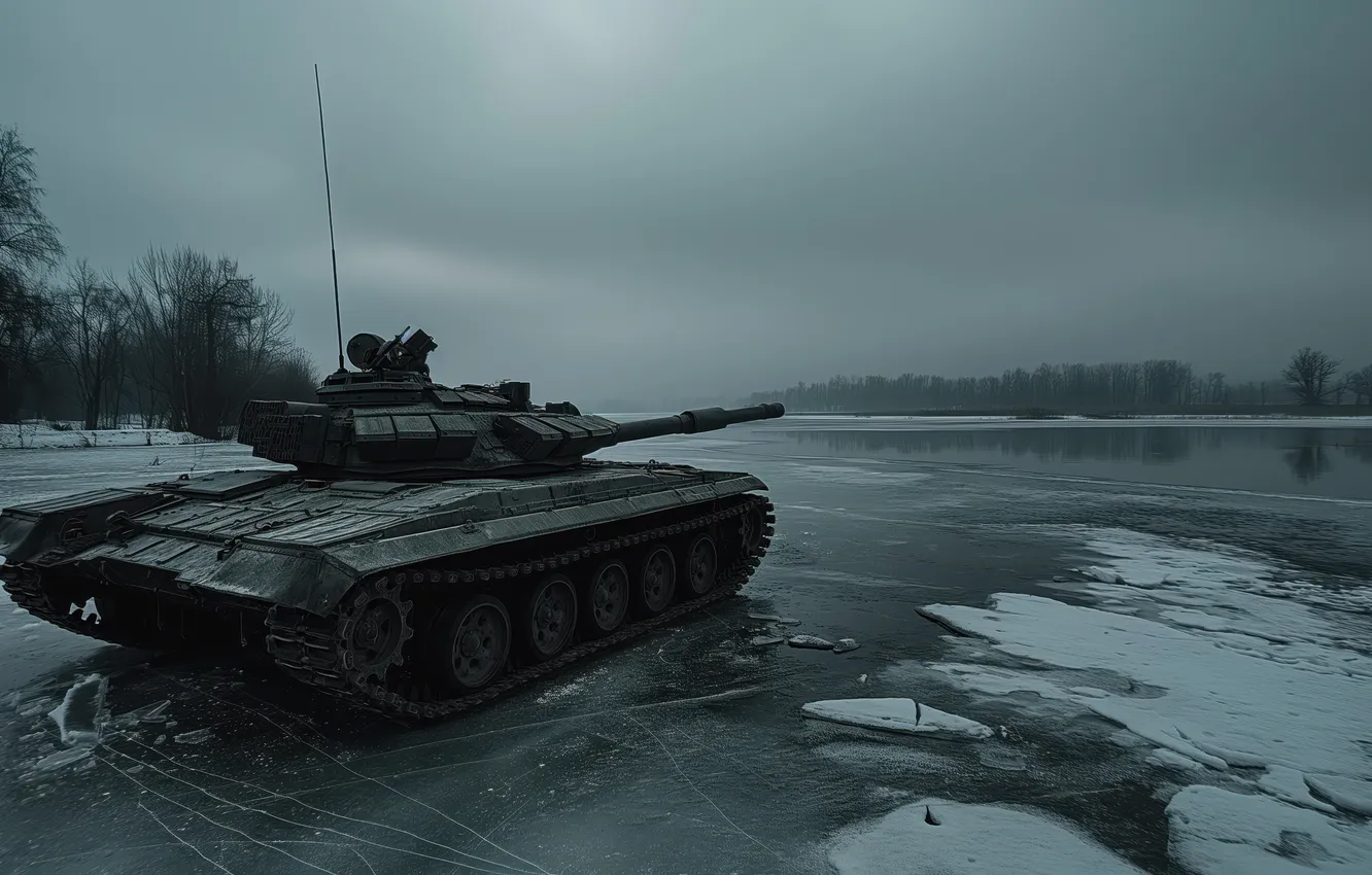 Photo wallpaper Winter, River, Snow, Ice, Tank, Digital art, Black and white, AI art