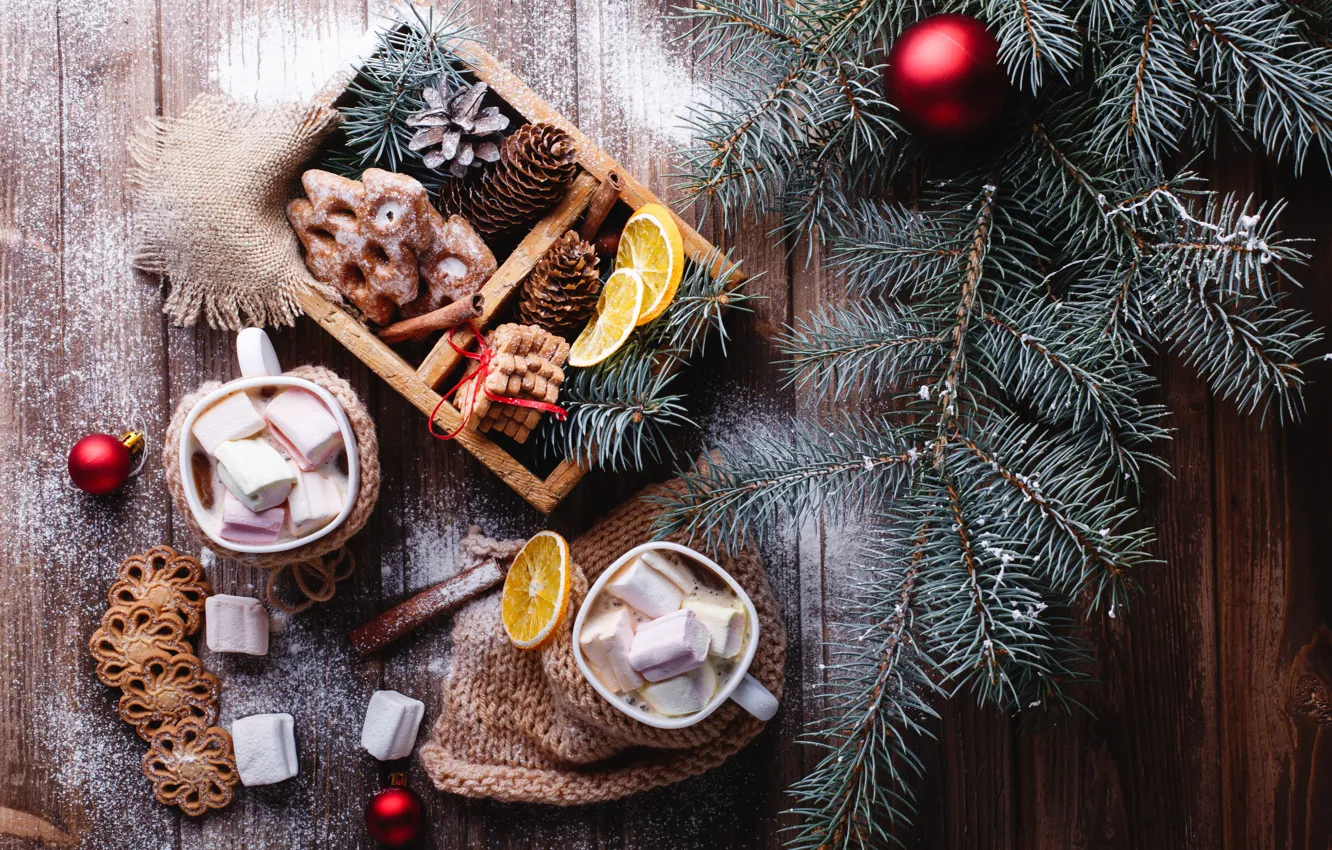 Photo wallpaper new year, cookies, wood, chocolate, spices, hot chocolate, cookies, cinnamon