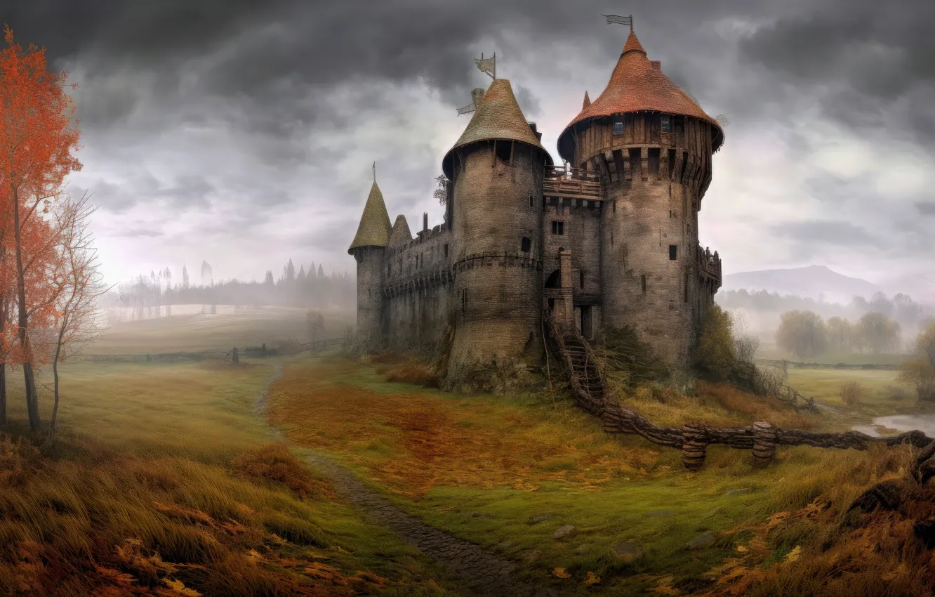 Photo wallpaper field, autumn, trees, fog, castle, foliage, tower, tale