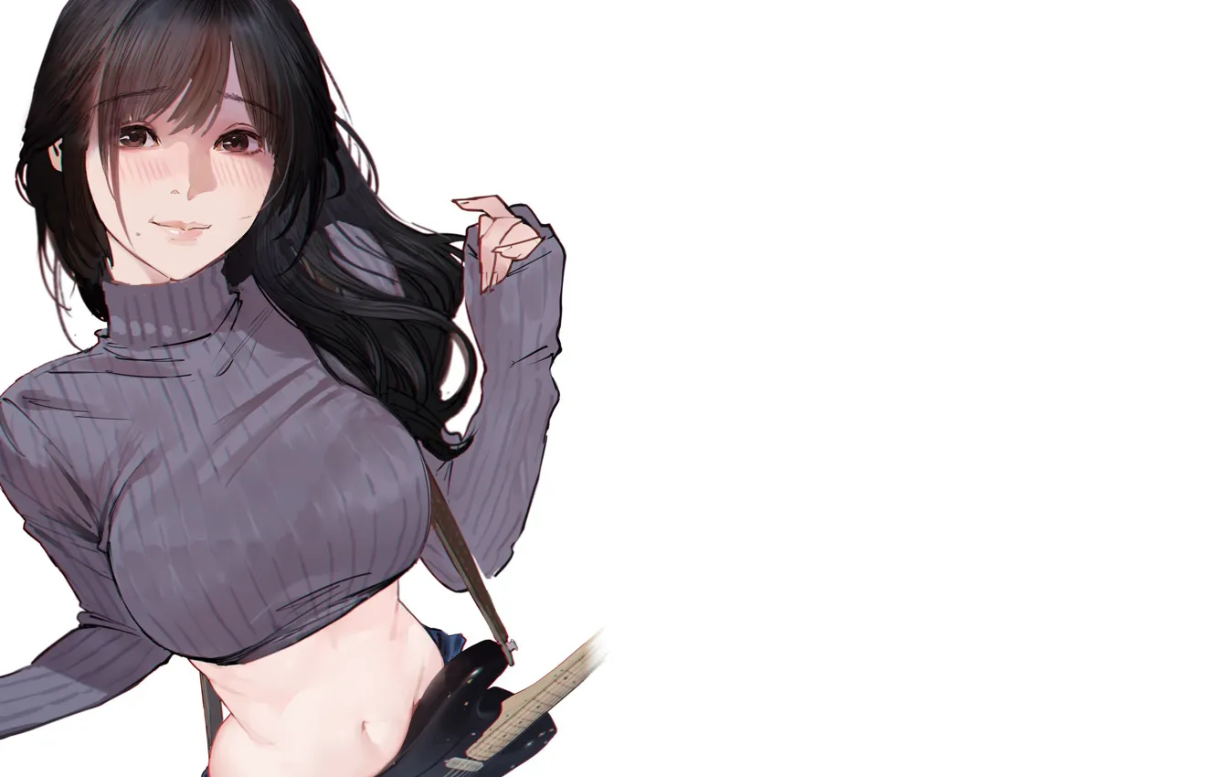 Photo wallpaper guitar, sexy, Anime, cartoon, belly, crop top, mid rift, jamming