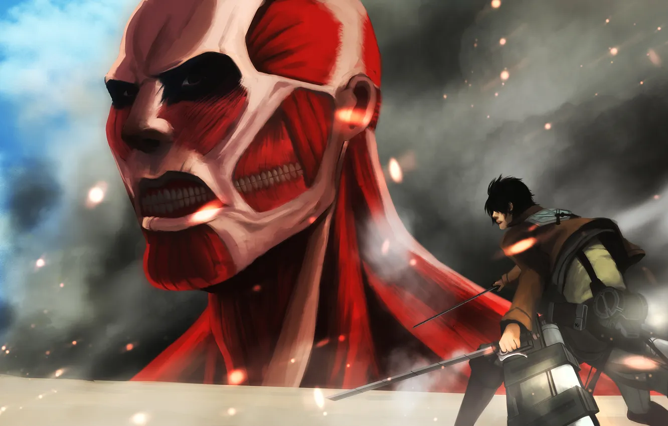 Photo wallpaper weapons, wall, smoke, sparks, giant, guy, art, Titan