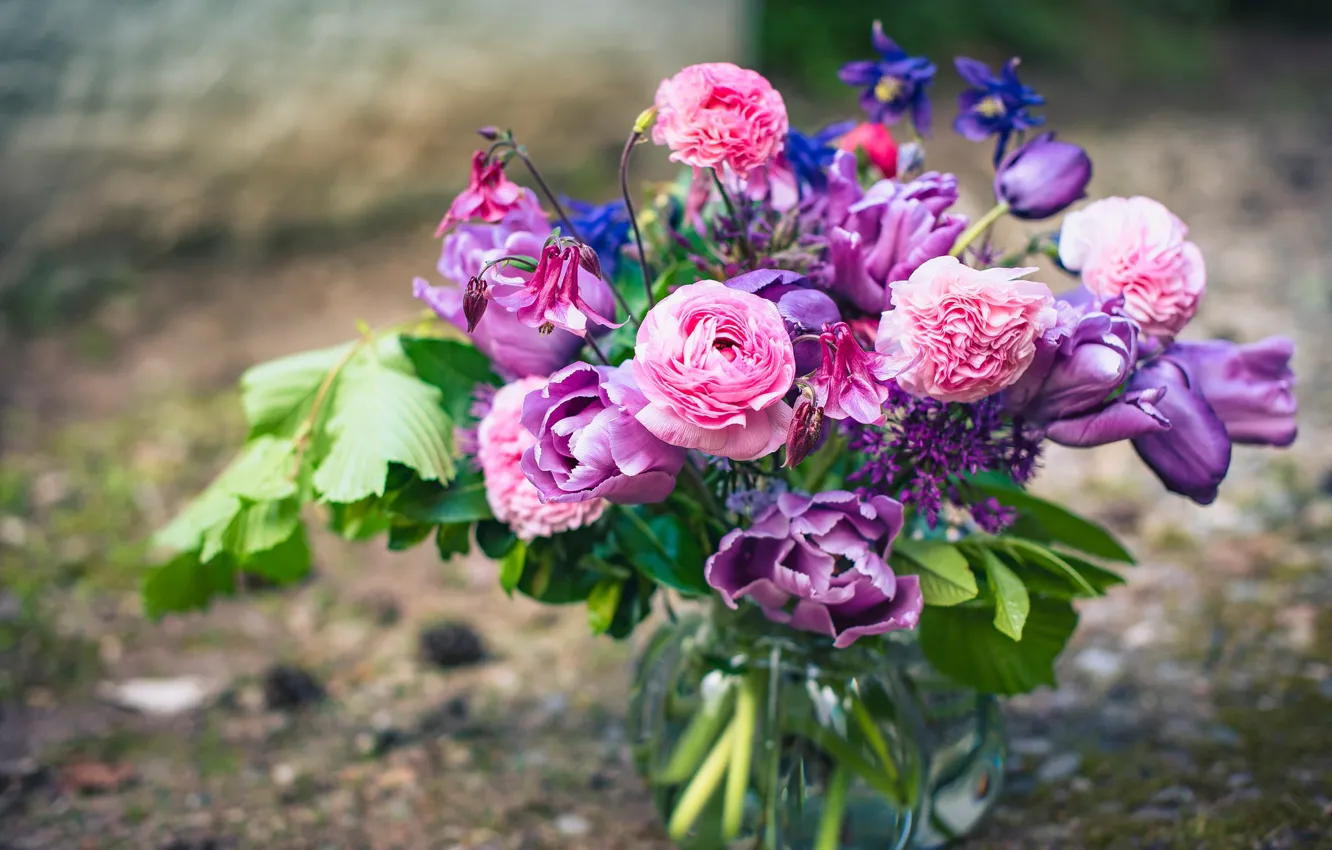 Photo wallpaper bouquet, tulips, Ranunculus, Aquilegia